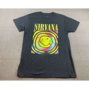 Nirvana Men's Large Charcoal Black Tie Dye Smiley Face Graphic Band T‎ Shirt